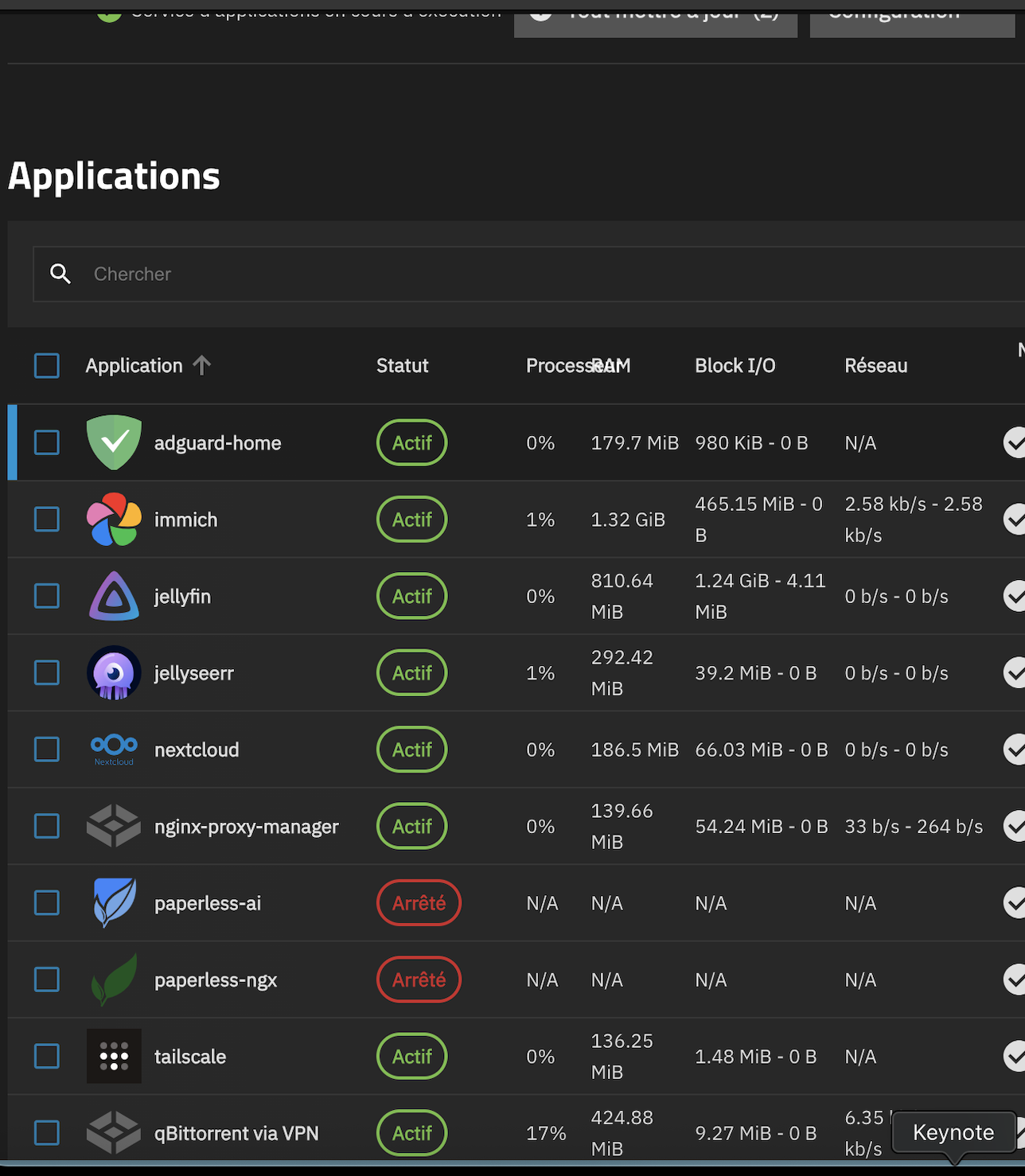 Capture d'écran du dashboard TrueNAS montrant les conteneurs Docker actifs (Nextcloud, Jellyfin, etc.)