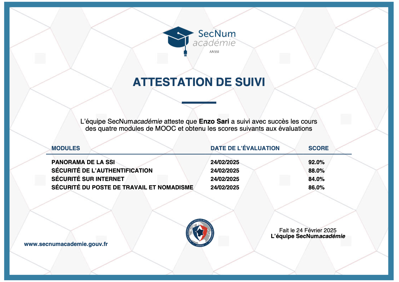 Certificat de réussite du MOOC de l'ANSSI